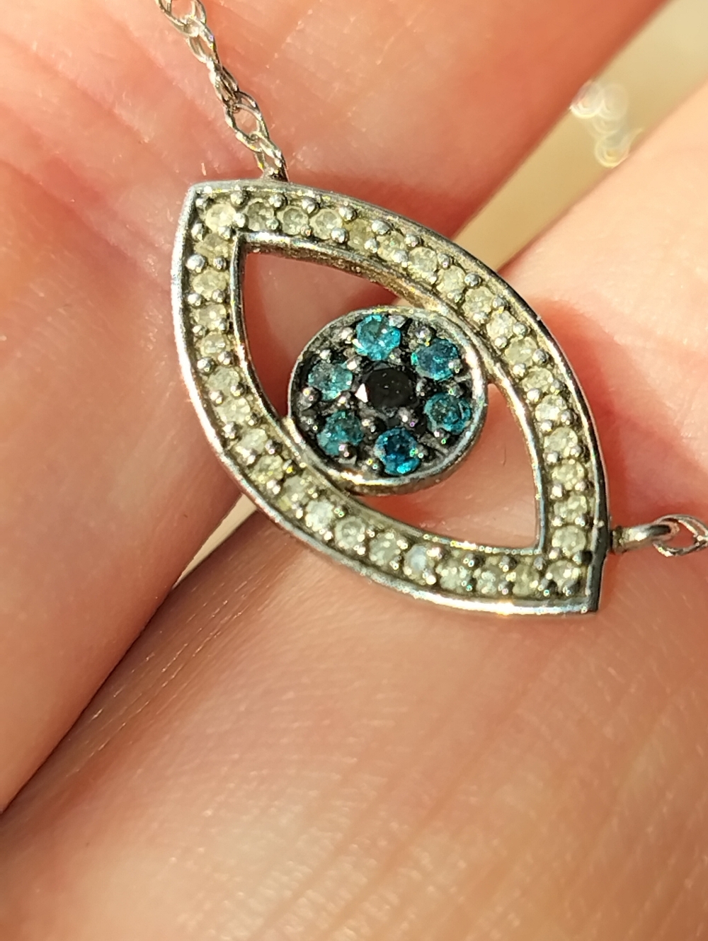 👁️💙925-Silver 1/4 cttw Treated Blue & White Diamond Evil Eye 18"Necklace 👁️💙